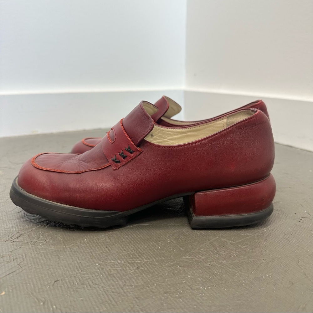 John Fluevog Dark Red Leather Chunky Block Heel Loafer Size 8